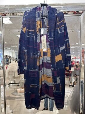 FUGA FUGA Long Open Front Patterned Cardigan Coatigan - Navy Multi